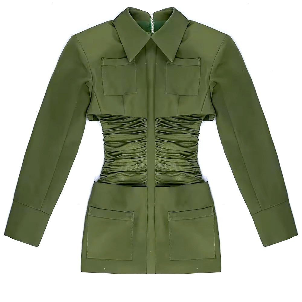 Military style Mini dress w/ruched bodice longer length cuffs, w/gold buttons